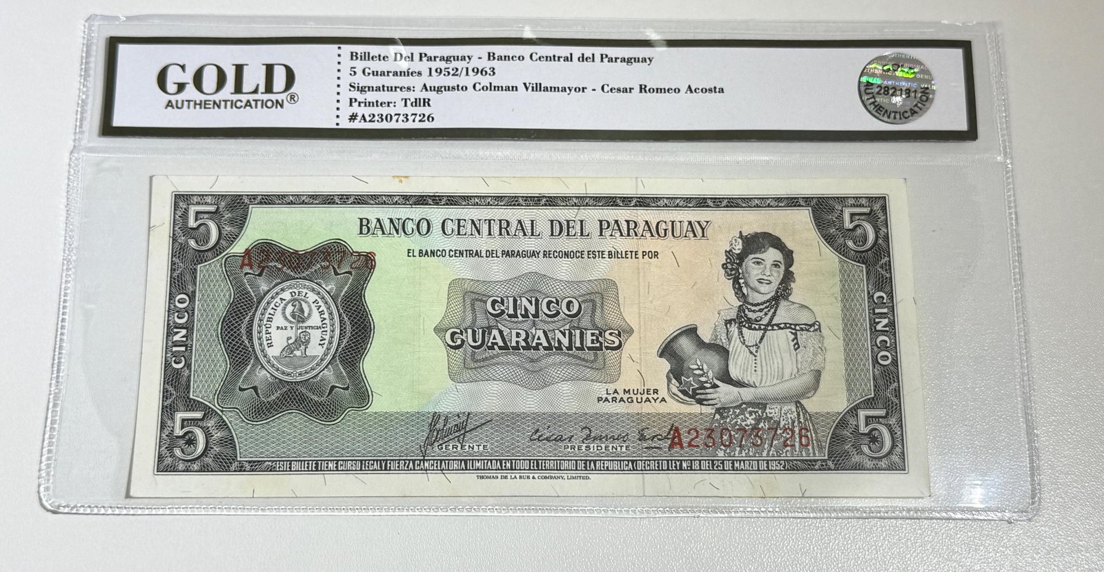🇵🇾 Billete del Paraguay - 5 GS 1963 en estado UNC certificada 💯