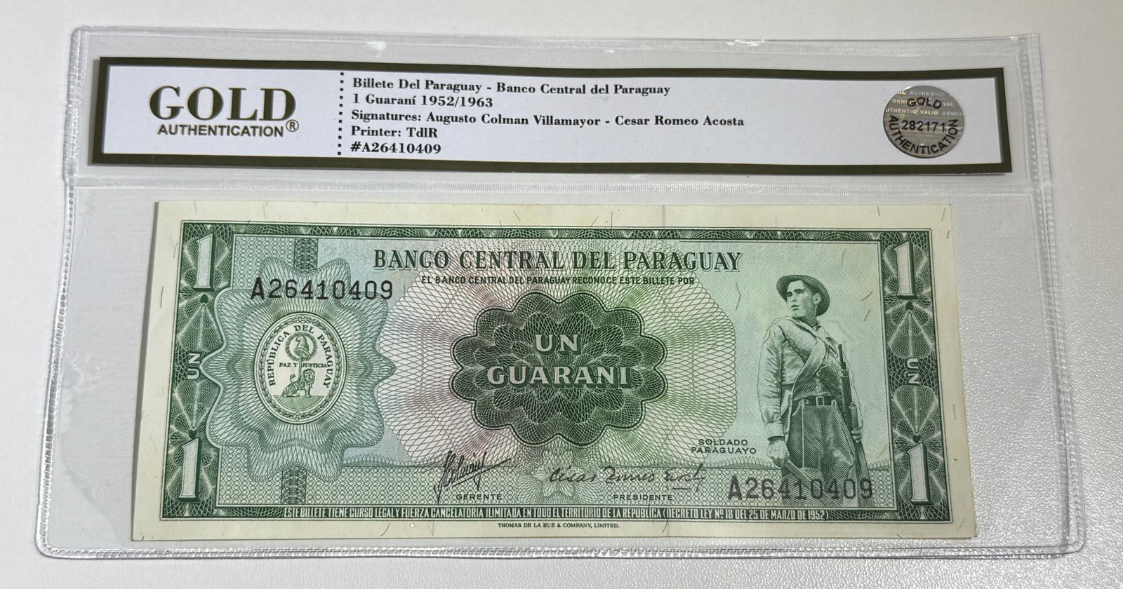 🇵🇾 Billete del Paraguay - 1 Guaraní 1963 en estado UNC con certificado de Autenticidad 💯